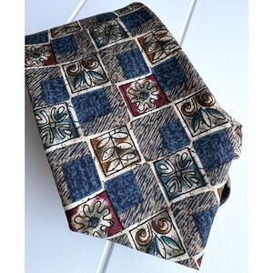 Robert Stock Silk Tie Abstract Floral Geometric Blue Beige Burgundy 4" W 56" L